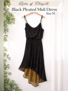 ✨ Rules of Etiquette Black Pleated Midi Dress – Size M ✨